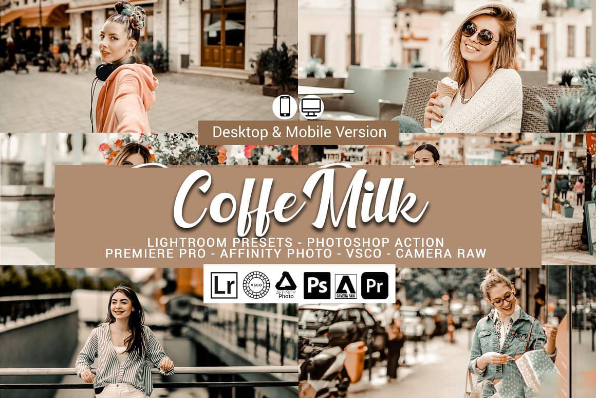 明亮通透牛奶咖啡色LR调色LUTs预设+动作套装Coffe Milk Presets actions
