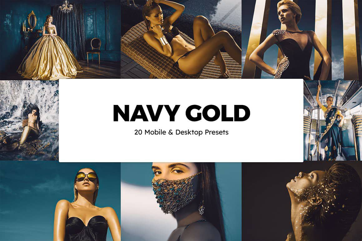 高端时尚海军蓝色和金色人像Lightroom预设APP滤镜