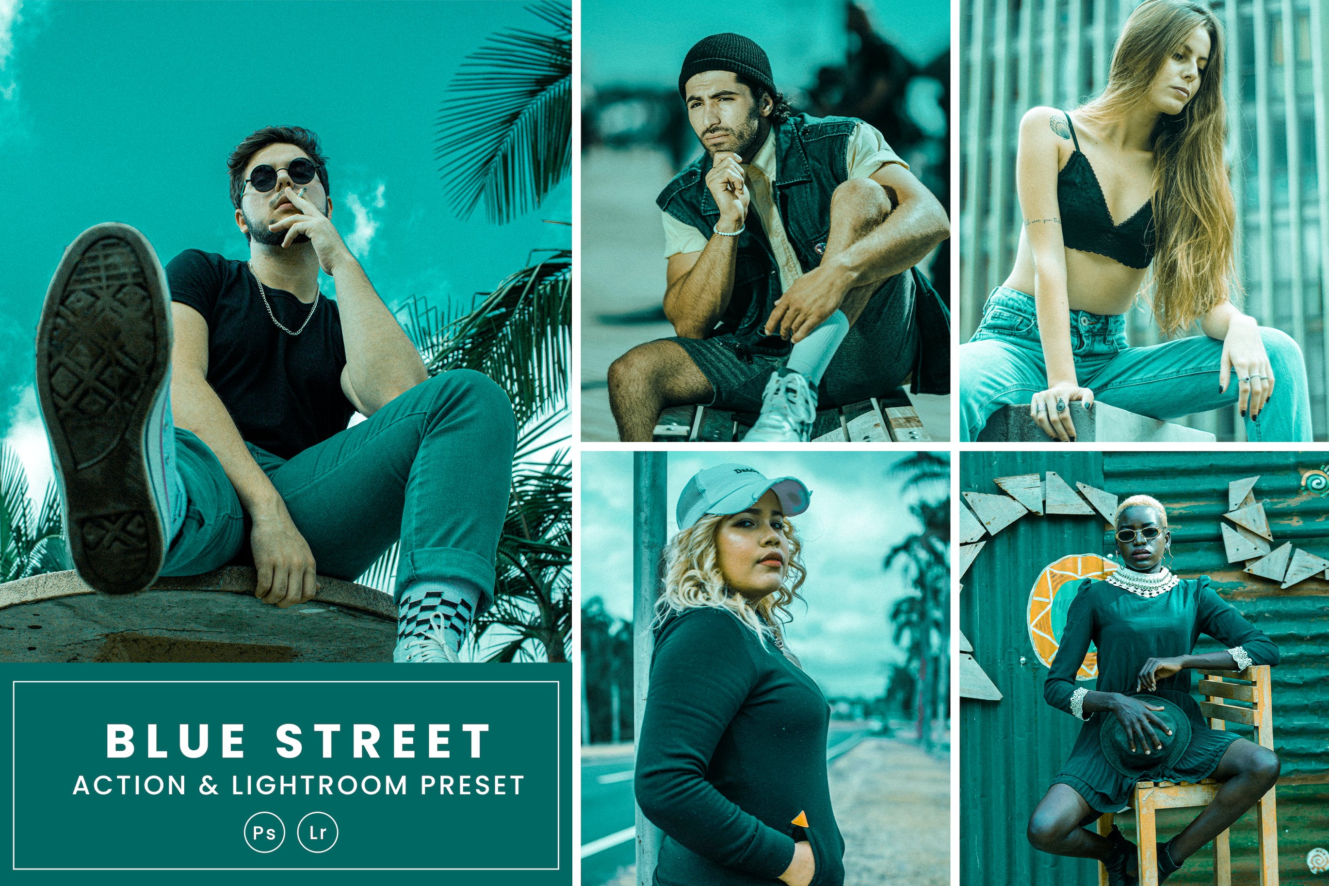 蓝绿色调色预设 Blue Street Effect Action & Lightrom Presets
